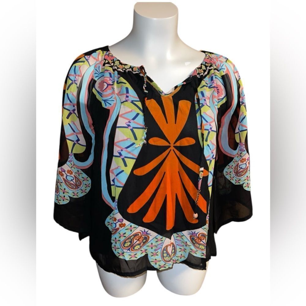 URBAN MANGOZ Small hi low blouse graphic print semi-sheer silky Layer Colorful